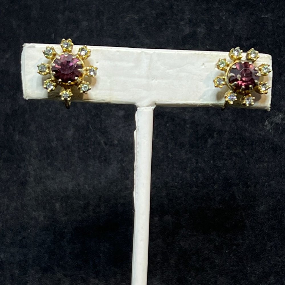 Vintage Gold Tone, Purple and Clear Rhinestone Screw Back Earrings (4062)